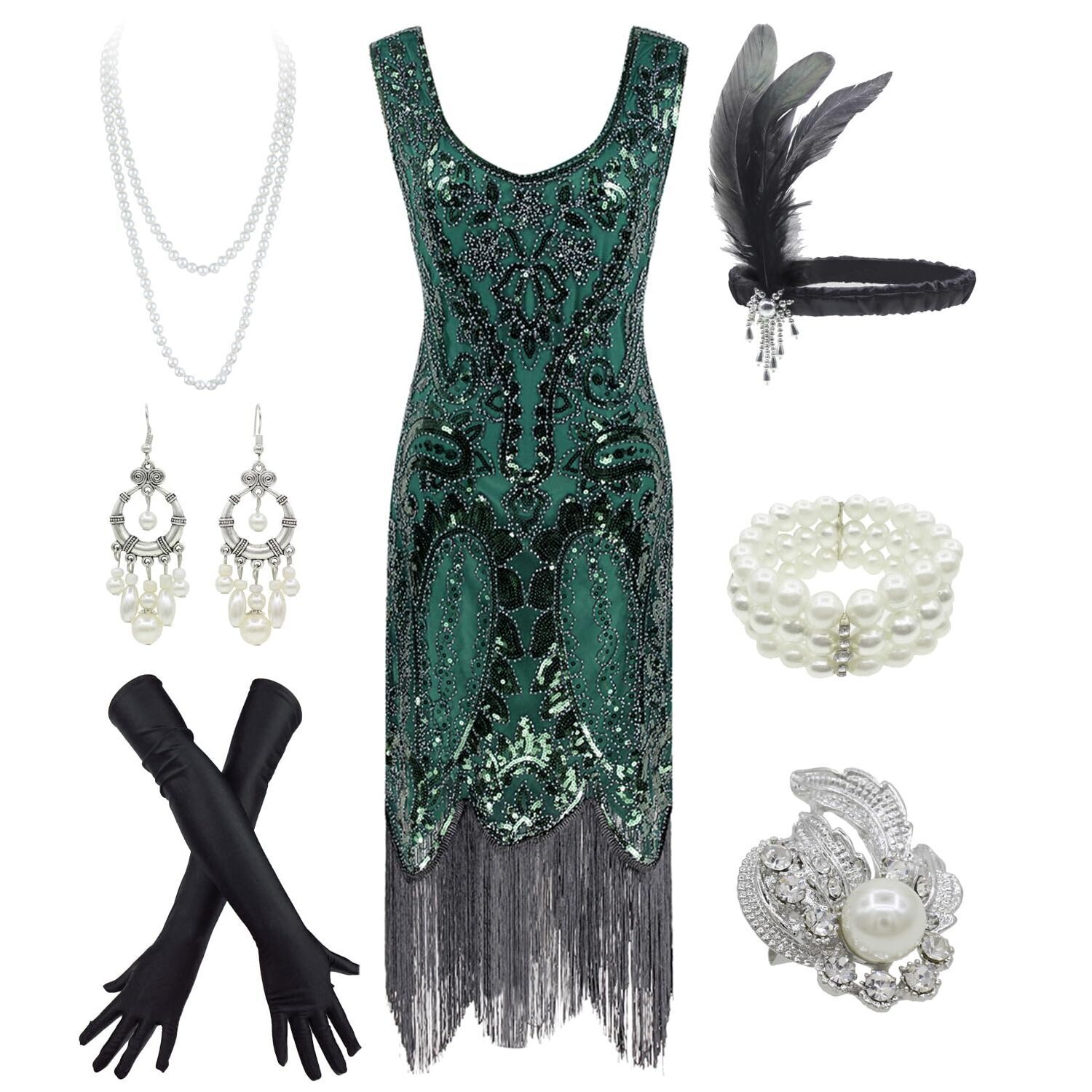 7865 1920s Vintage Peacock Sequin Fringed Party Flapper Dress W